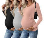 Ekouaer Womens Maternity Shirts Long Sleeve 3 Packs Pregnancy V-Neck Clothes Side Ruched Blouse Tops for Mama S-XXL
