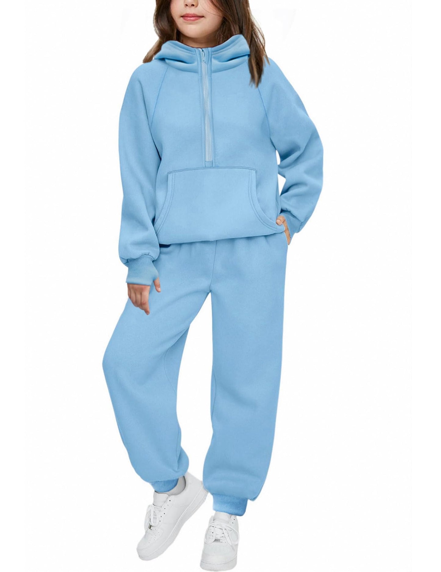 Arshiner Girls 2 Piece Outfits Tracksuit Drop Shoulder Hoodie Half Zip Sweatshirt and Sweatpants Joggers Set with Pockets