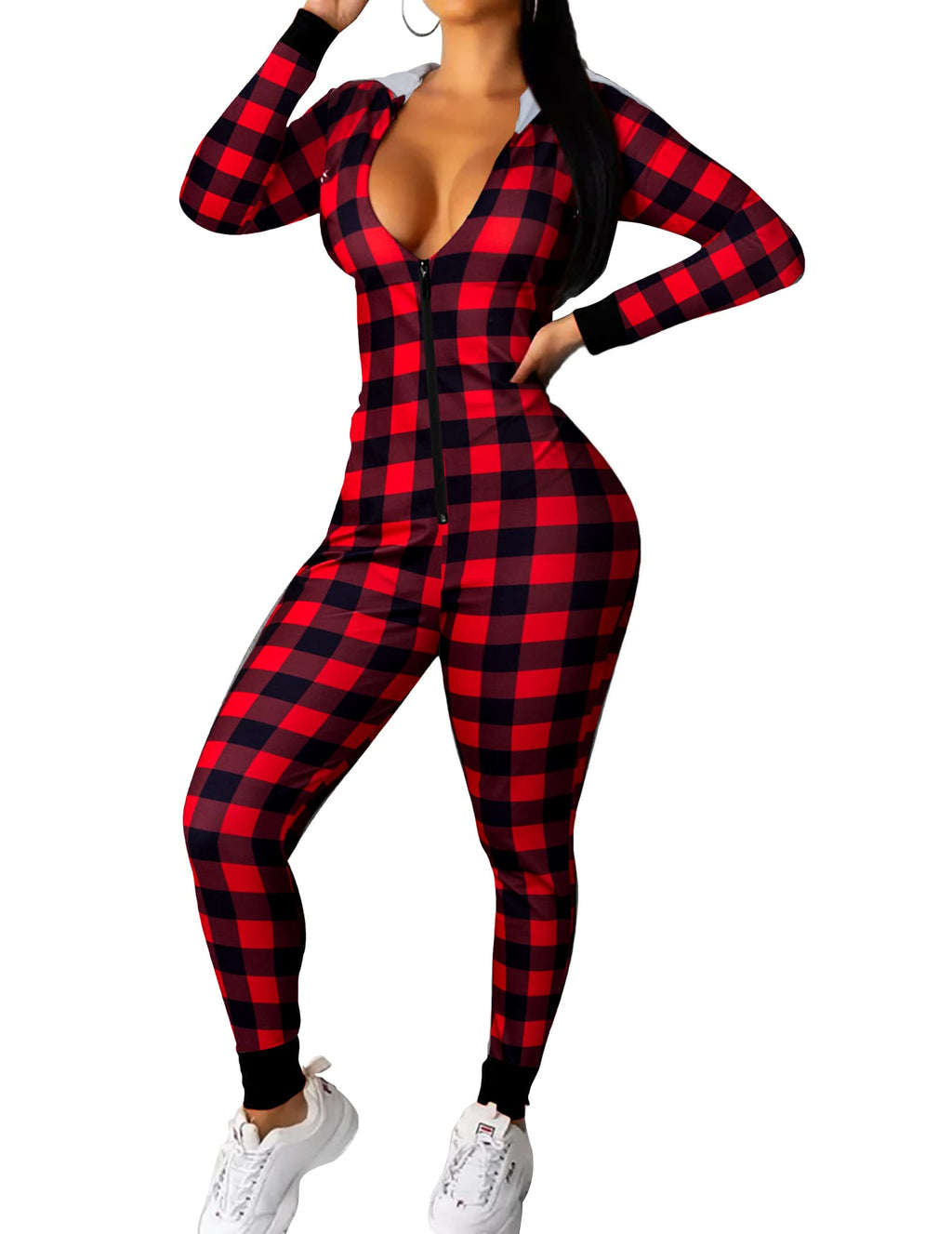 Ekouaer Halloween Onesie Women Sexy Pajamas Zipper Christmas OnePiece Bodycon Outfit Jumpsuit Costume S-XXL