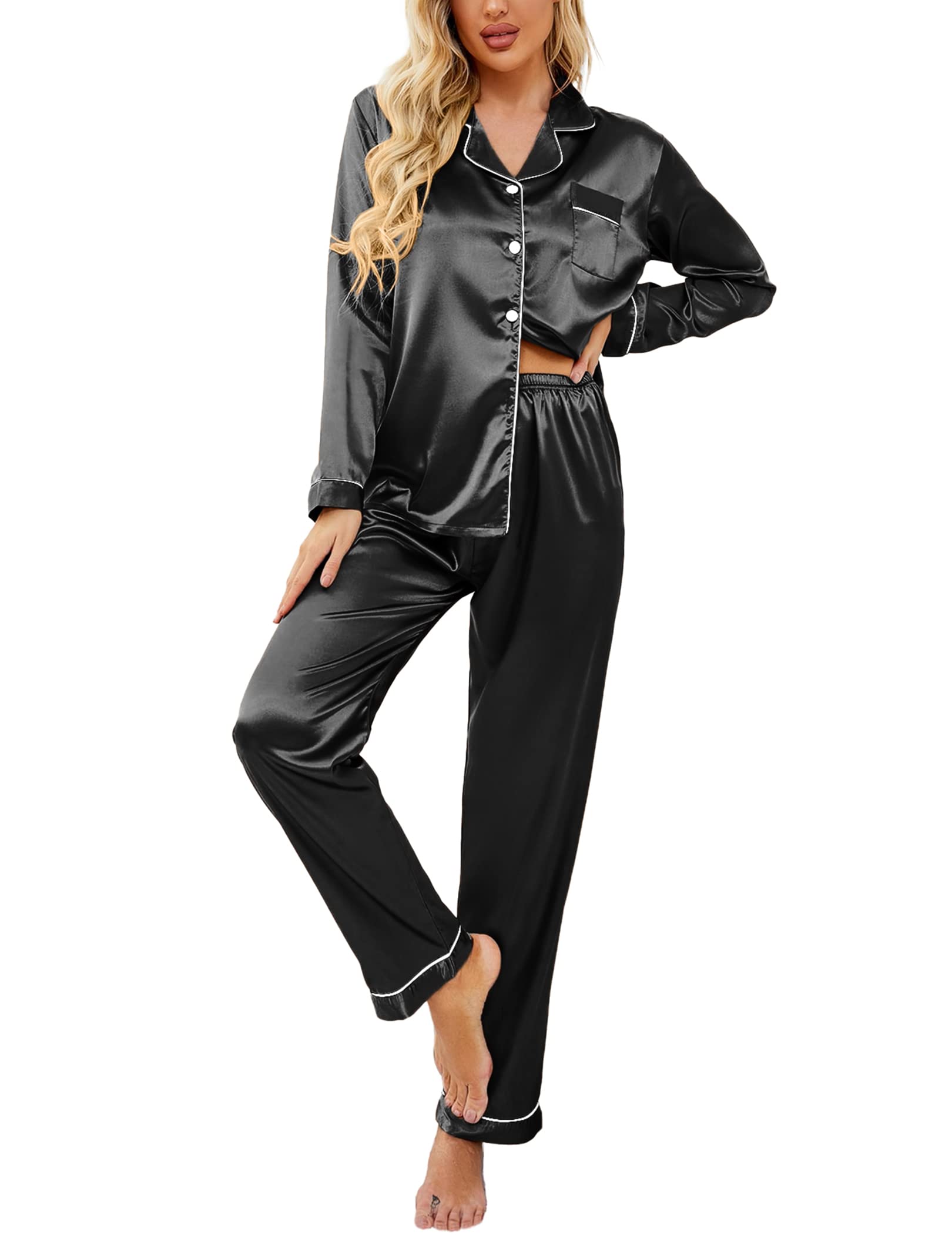 Ekouaer Women's Classic Button Down Long Satin Silk Pajama Set