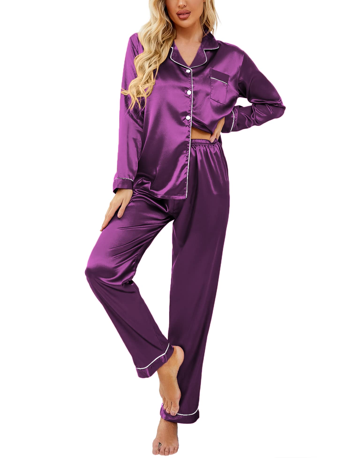 Ekouaer Women's Classic Button Down Long Satin Silk Pajama Set