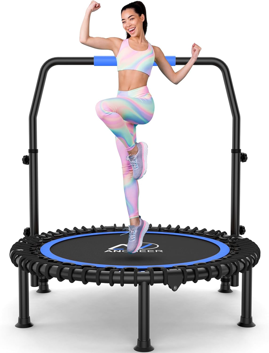 Sports Equipment  Rebounder Trampoline 40" Bungee Rebounder with 4-Level Adjustable Handle,Mini Trampoline Max 400 LBS Heavy-Duty Fitness Trampoline, Waterproof UV-Resistant Indoor Outdoor Exercise Trampoline（Blue）