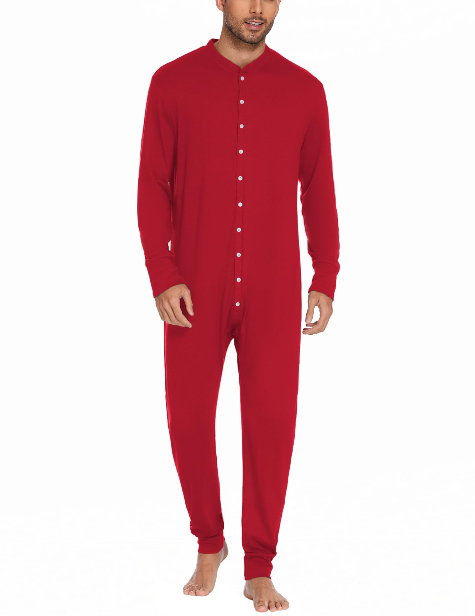 Ekouaer Men's One Piece Pajama Thermal Full Button Union Suit Long Sleeve Onesie with Button Flap S-XXL