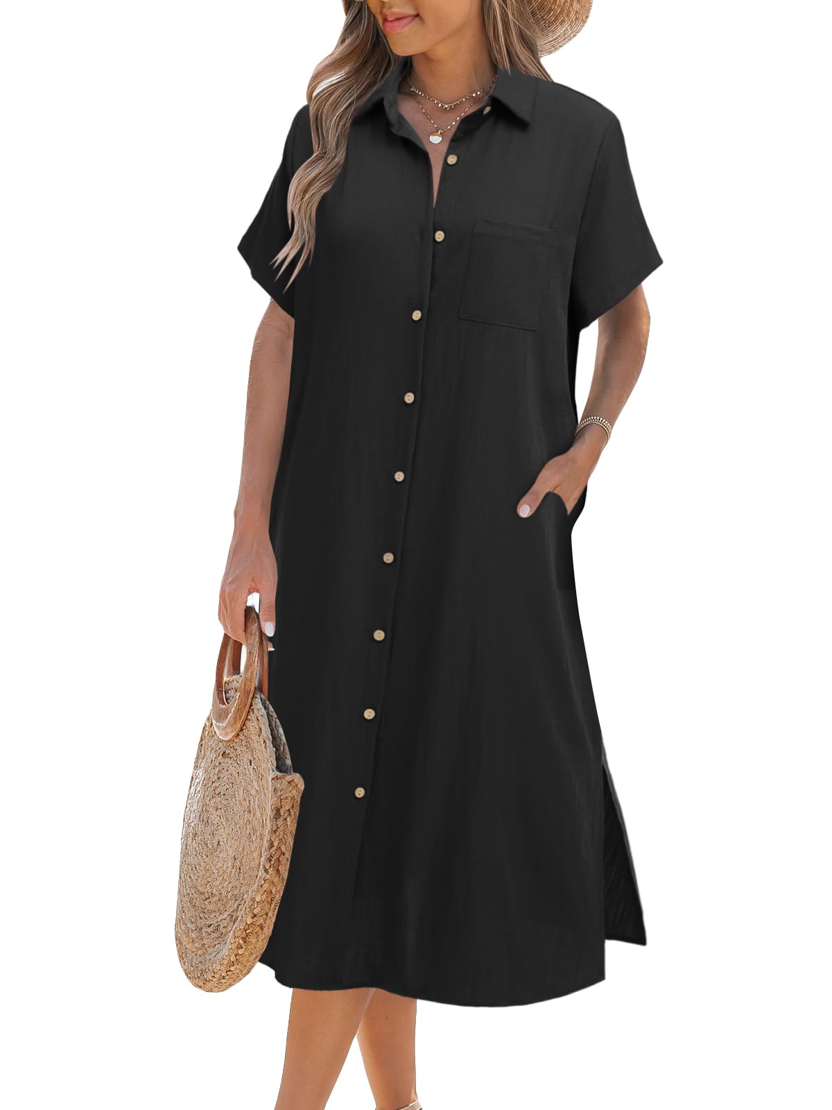 Zeagoo Women Dresses Summer Casual Short Sleeve Button Down Shirt Dresses 2025 Beach Cover Up with Pockets