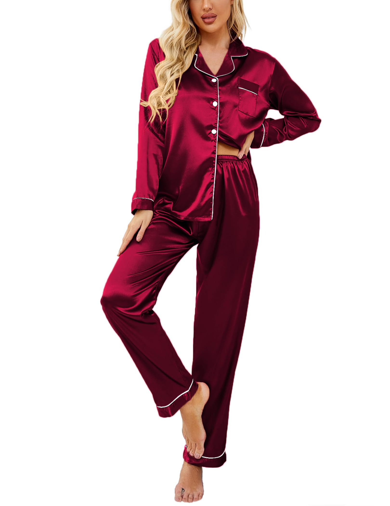 Ekouaer Women's Classic Button Down Long Satin Silk Pajama Set