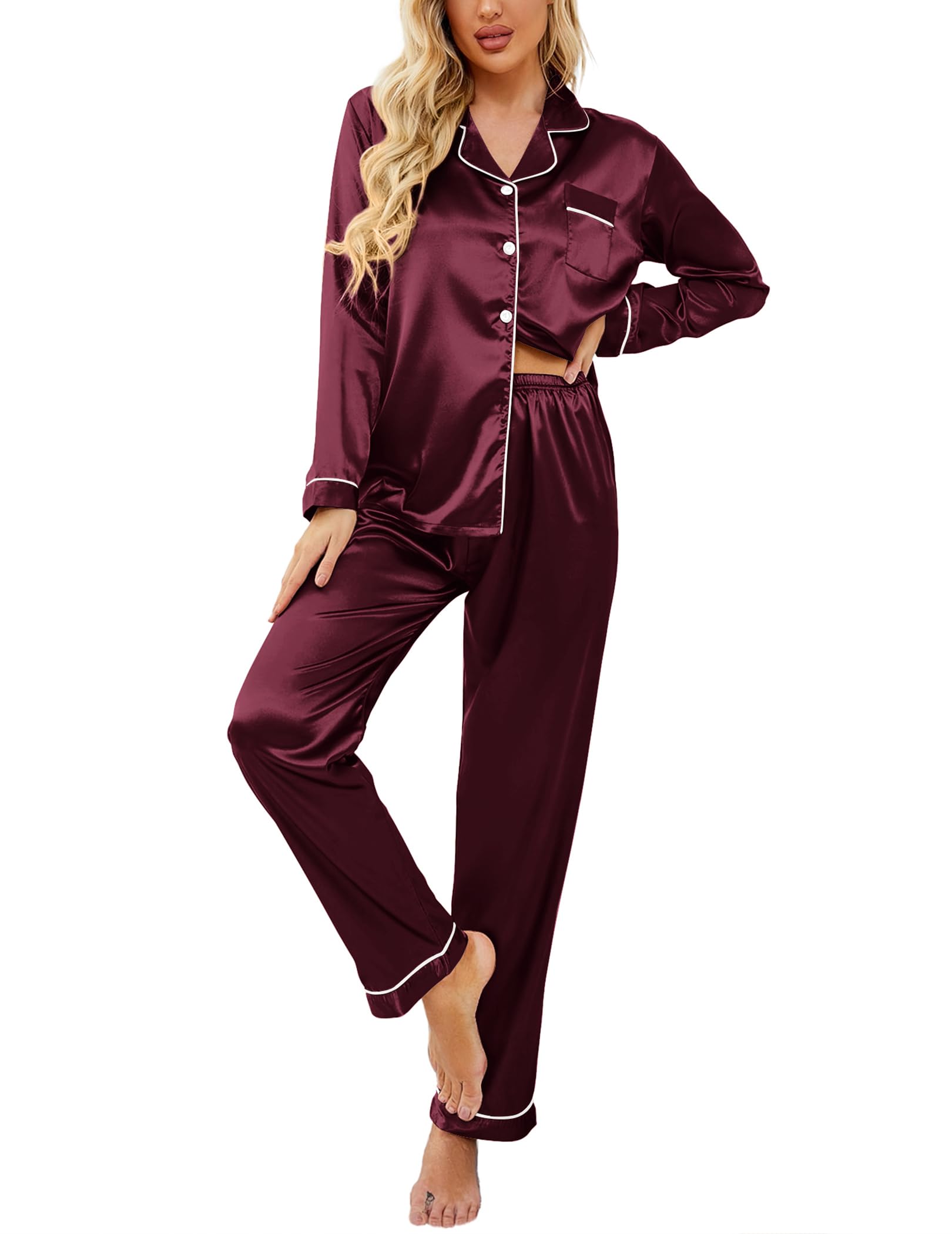 Ekouaer Women's Classic Button Down Long Satin Silk Pajama Set
