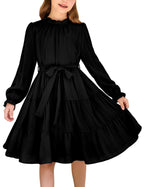 Arshiner Girls Long Sleeve Dress Tween Fall Formal Party Holiday Midi Tiered Flowy Swing Dresses with Belt 5-13 Y