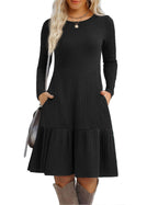 Zeagoo Womens Long Sleeve Fall Dresses with Pockets 2025 Flowy Casual Ribbed Knit Crew Neck Knee Length Sweater Dress