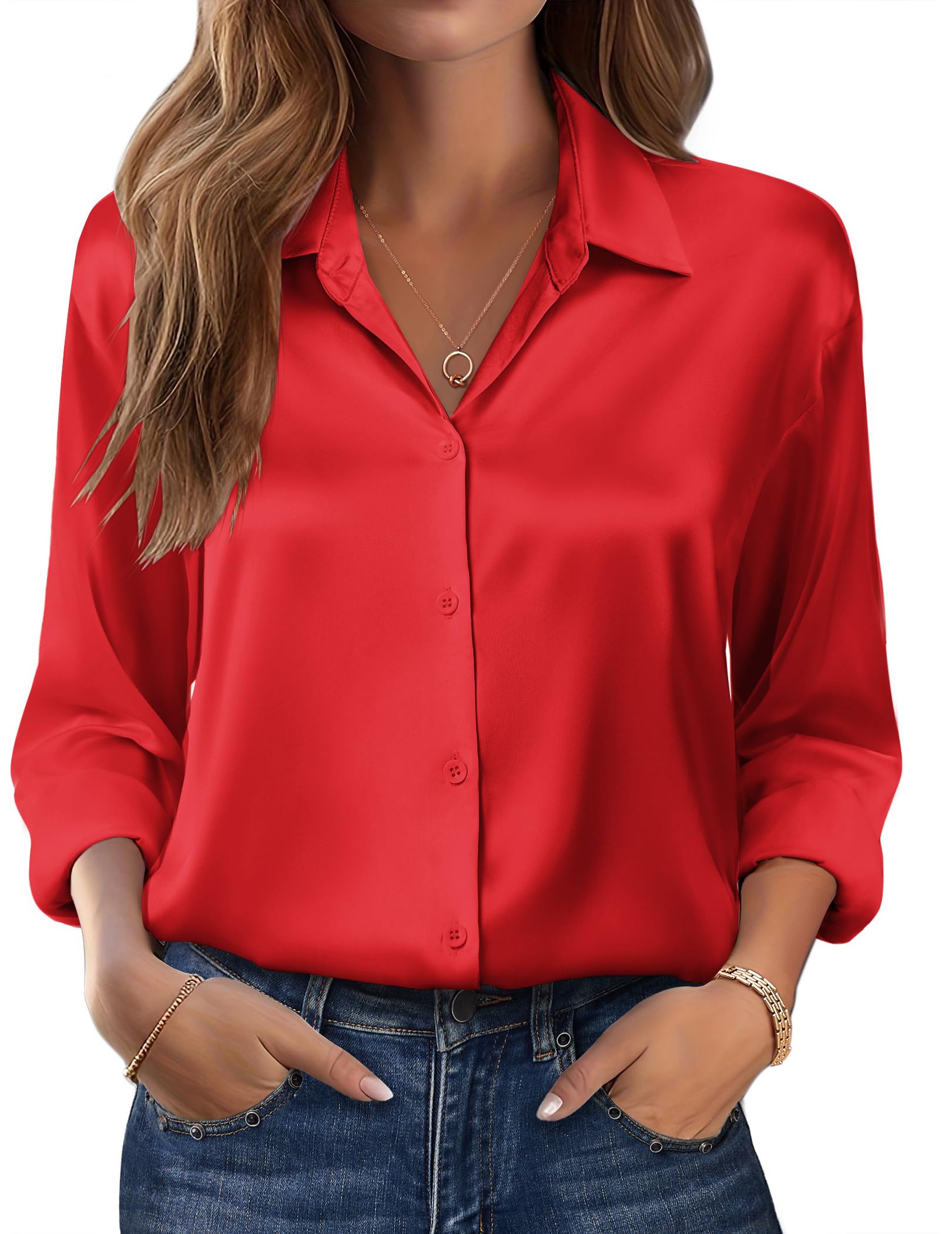Zeagoo Womens Tops Long Sleeve Satin Silk Button Down Shirts Casual Business Dressy Blouses Fall Clothes