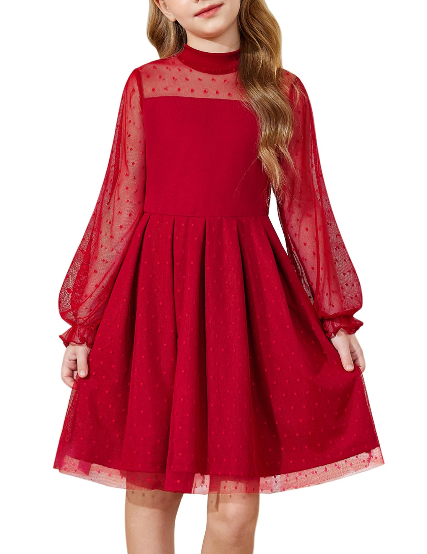 Arshiner Girls Dresses Contrast Mesh Puff Long Sleeve Mock Neck Formal Party A Line Short Tulle Dress