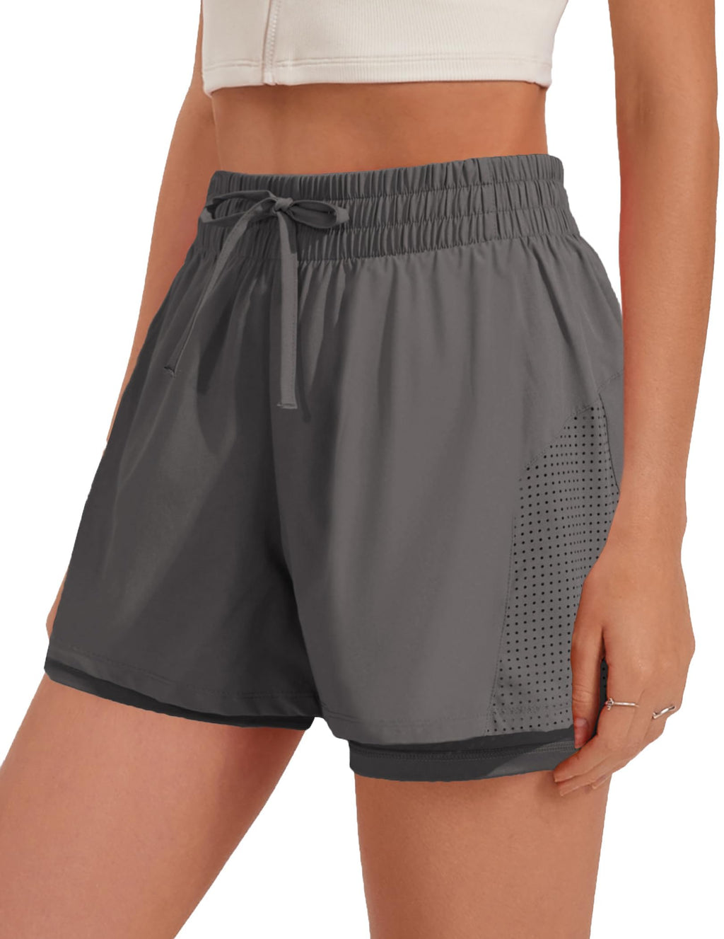 PINSPARK Women's Running Shorts 5" Liner Athletic Workout Shorts Hiking 2 in 1 Quick Dry Short with Pockets Lemon Green XS