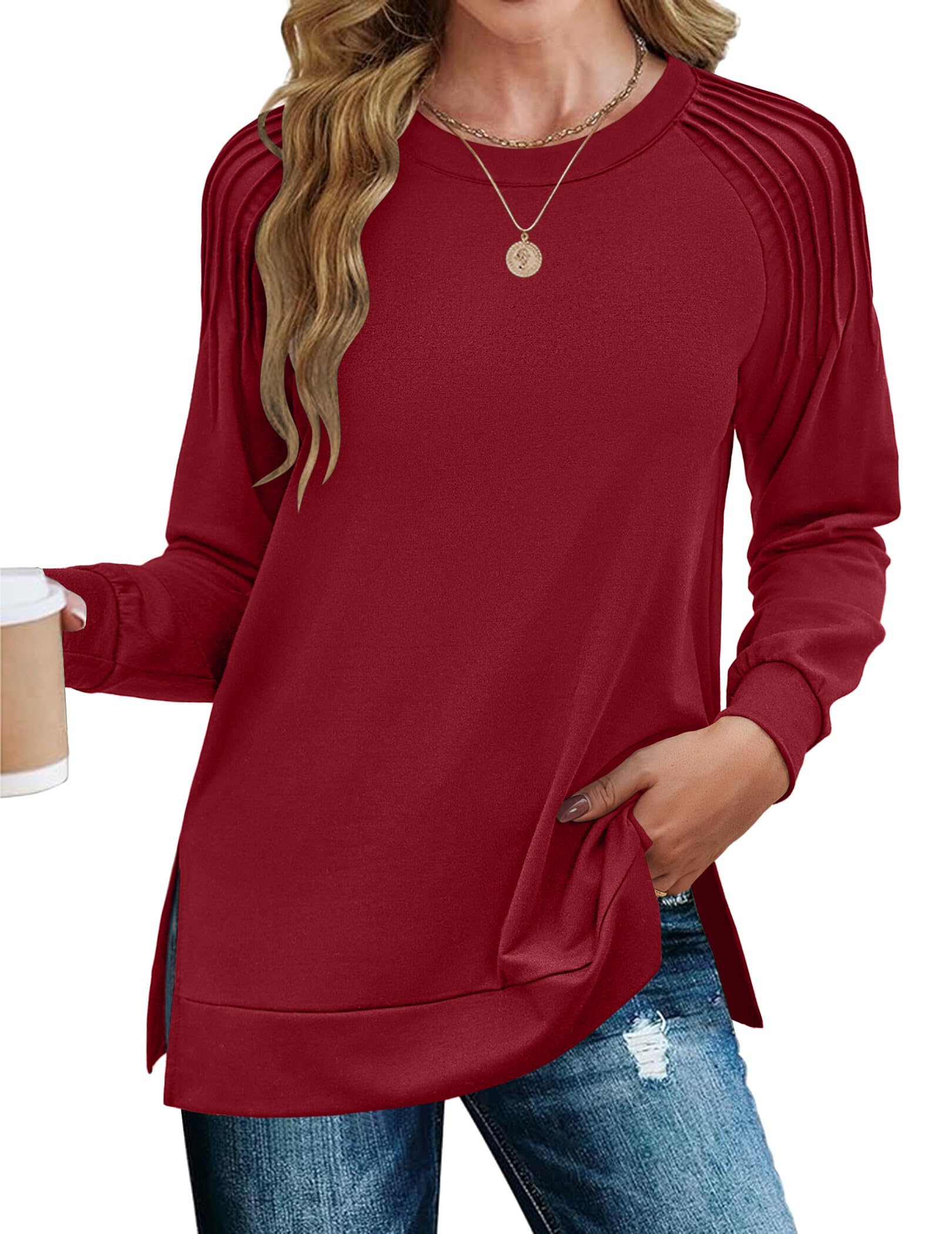 Zeagoo Fall Tops for Women 2025 Long Sleeve Shirts Casual Cotton Blouses Dressy Casual Pleated Tunics Sweartshirts