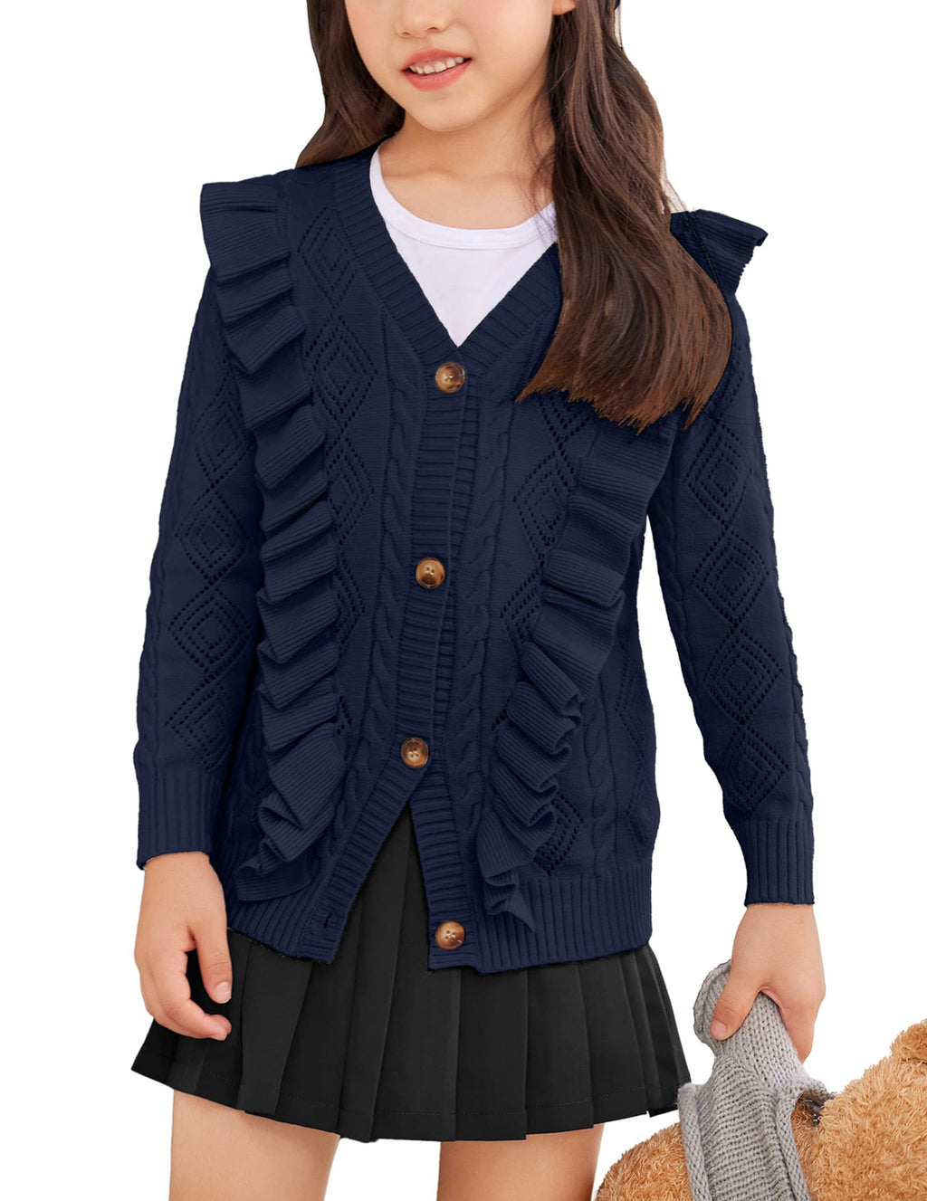 Arshiner Girls Cardigan Sweaters Ruffle School Uniform Sweater V Neck Button Front Outerwear 4-13 Years