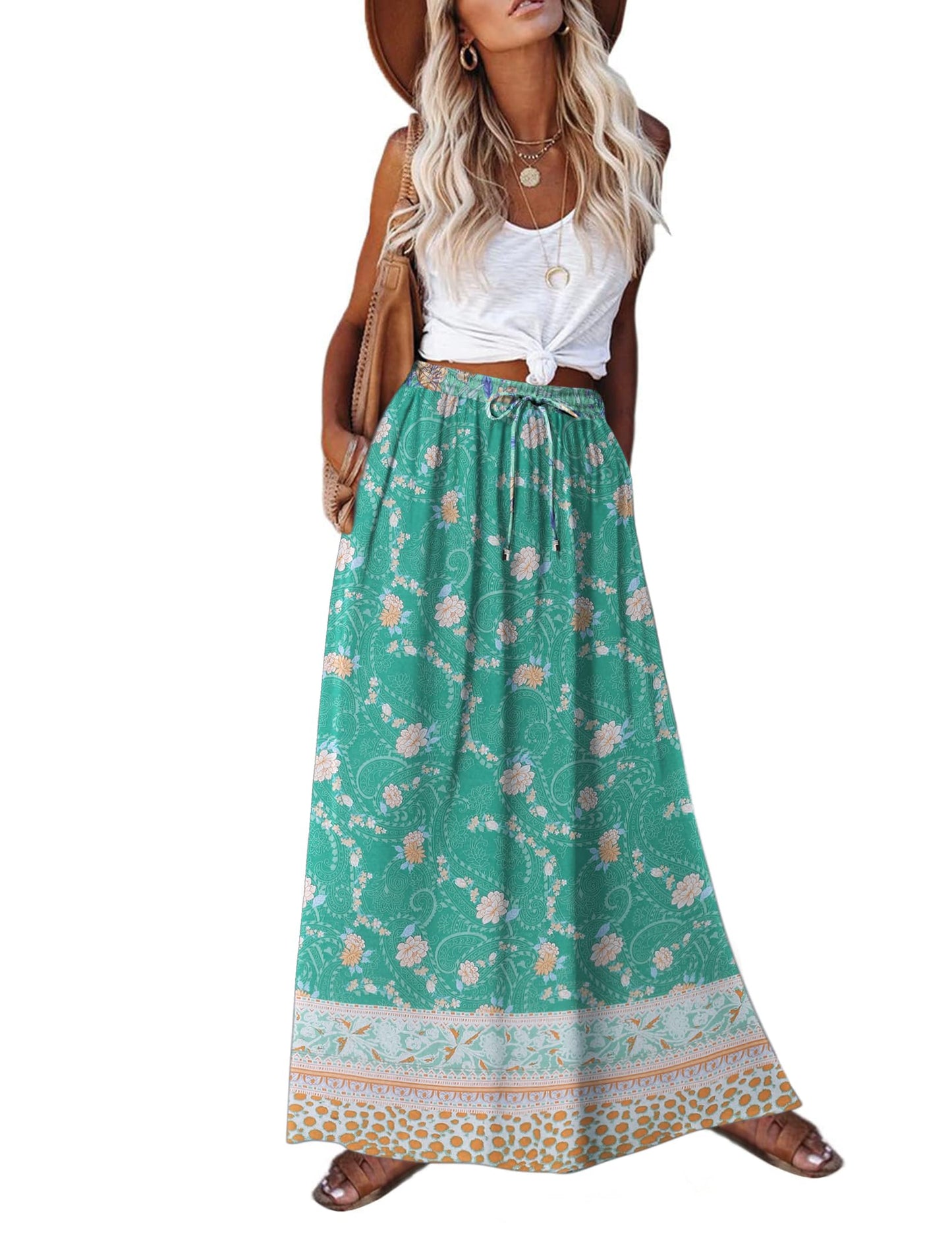 Zeagoo Women's 2025 Boho Floral Skirt Casual Elastic High Waist Maxi Skirts Flowy A Line Beach Long Skirt with Side Pockets