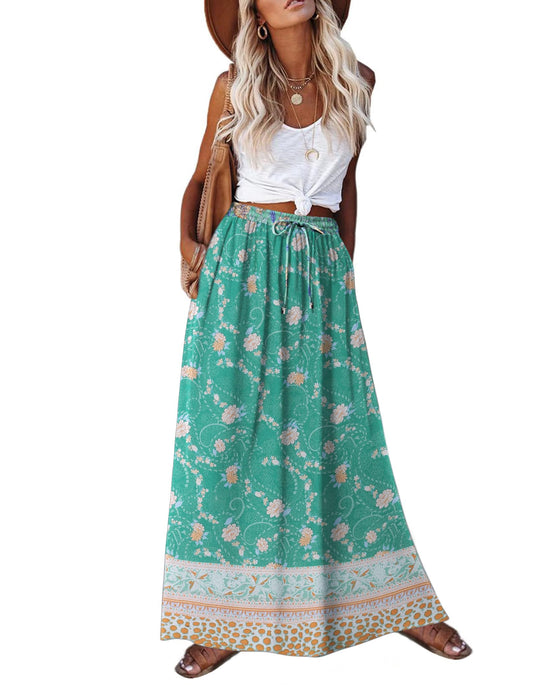 Zeagoo Women's 2025 Boho Floral Skirt Casual Elastic High Waist Maxi Skirts Flowy A Line Beach Long Skirt with Side Pockets