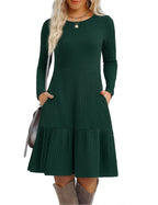 Zeagoo Womens Long Sleeve Fall Dresses with Pockets 2025 Flowy Casual Ribbed Knit Crew Neck Knee Length Sweater Dress
