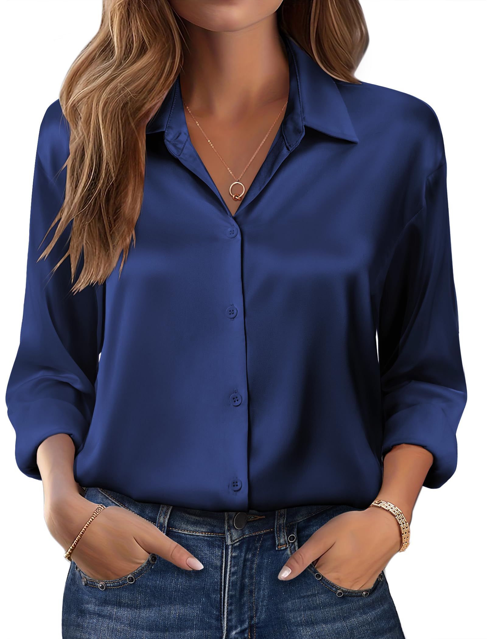 Zeagoo Womens Tops Long Sleeve Satin Silk Button Down Shirts Casual Business Dressy Blouses Fall Clothes