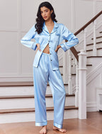 Ekouaer Women's Classic Button Down Long Satin Silk Pajama Set