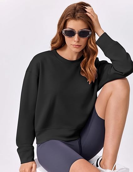 PINSPARK Soft Crewneck Cropped Sweatshirt for Women Long Sleeve Relaxed Lightweight Basic Crop Tops 2025