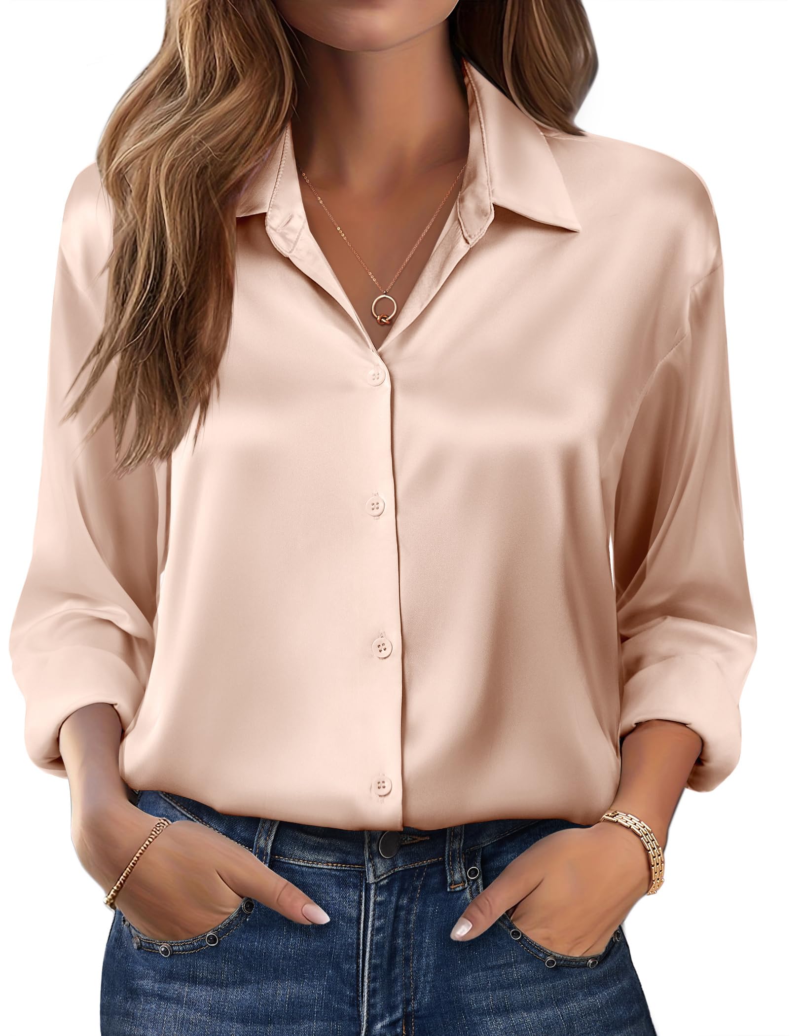 Zeagoo Womens Tops Long Sleeve Satin Silk Button Down Shirts Casual Business Dressy Blouses Fall Clothes