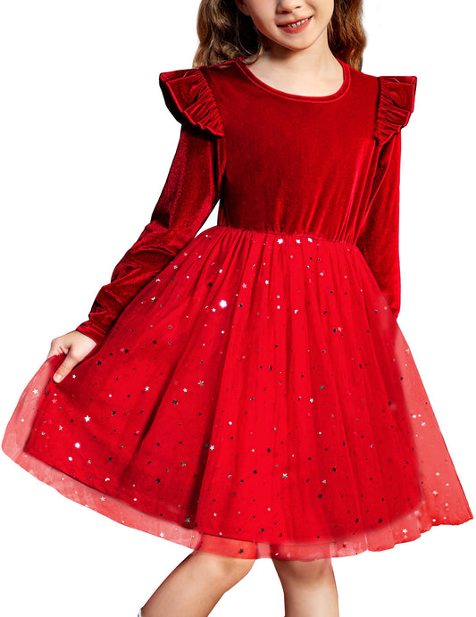 Arshiner Toddler Tutu Dresses Little Girls Velvet Tulle Fall Winter Long Sleeve Ruffle Holiday Party Dress 2-6Y