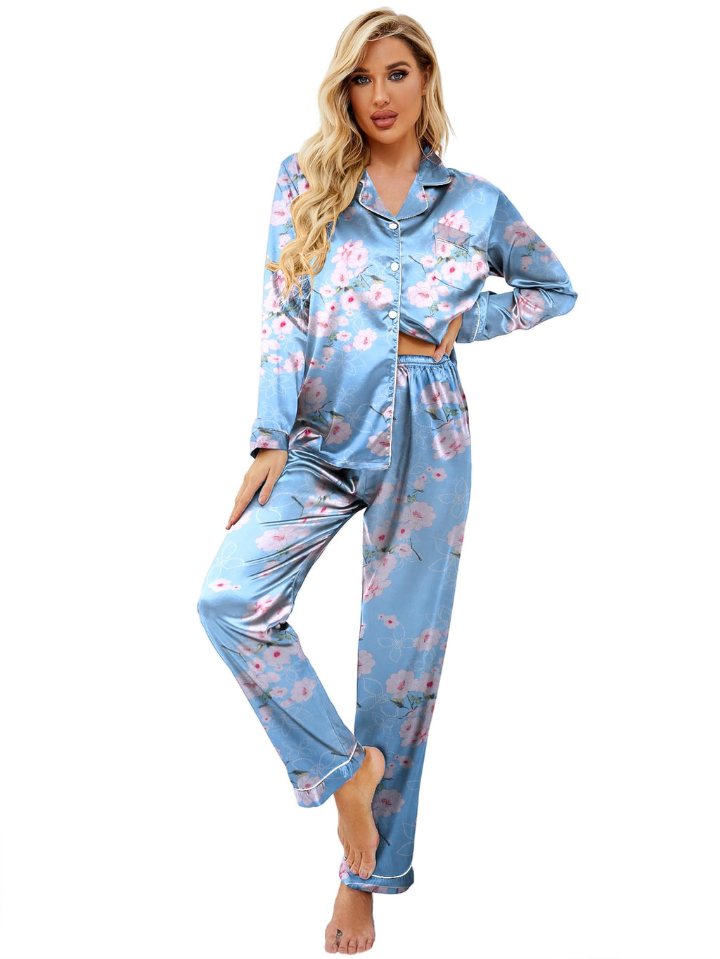 Ekouaer Women's Classic Button Down Long Satin Silk Pajama Set
