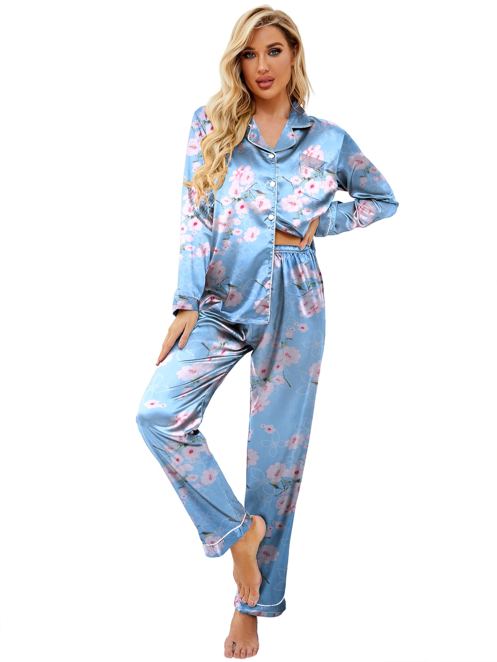 Ekouaer Women's Classic Button Down Long Satin Silk Pajama Set
