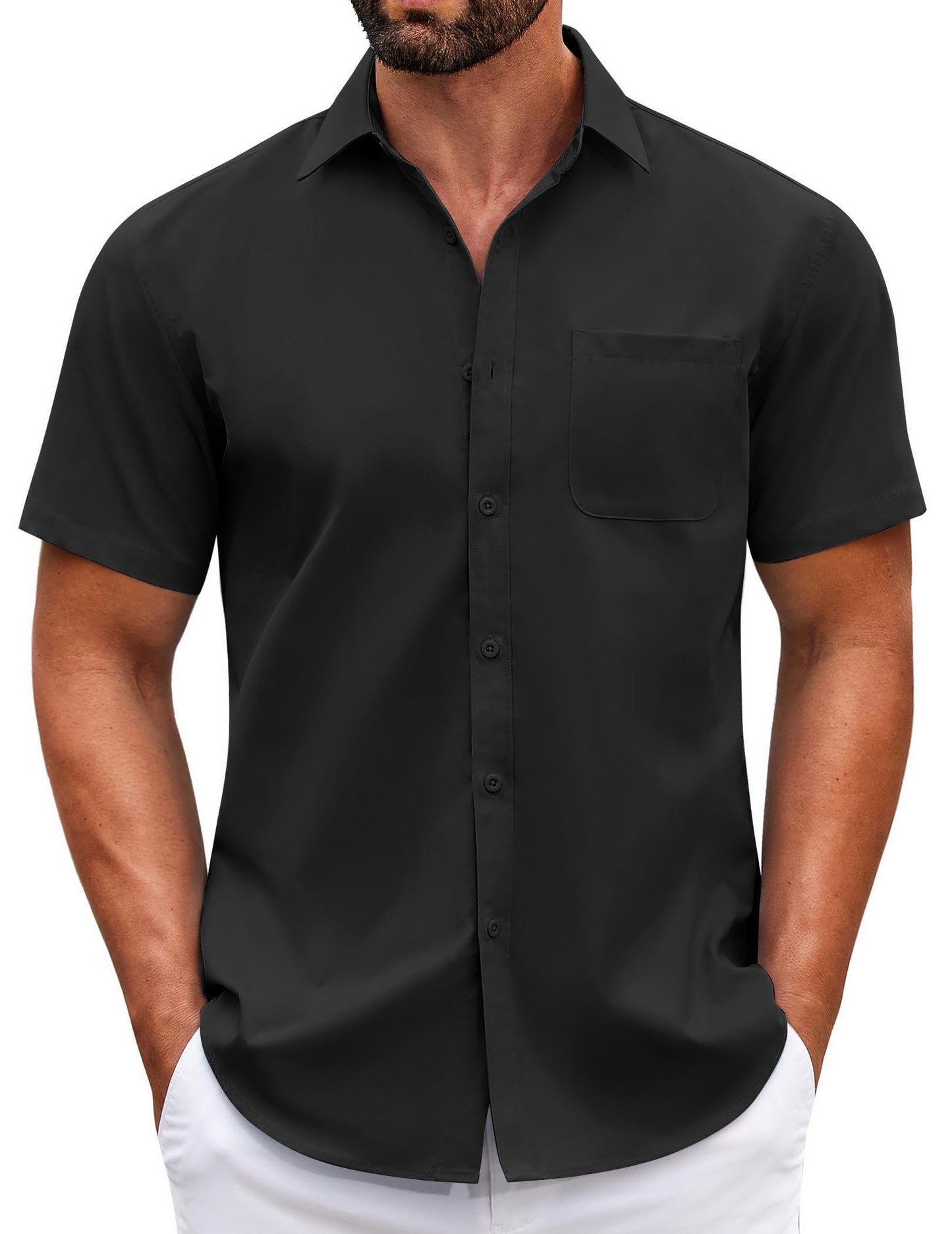 COOFANDY Short Sleeve Shirt Men's Summer Casual Shirts Regular Fit Button Down Basic Business Shirts Shirt with Pocket, black, XL