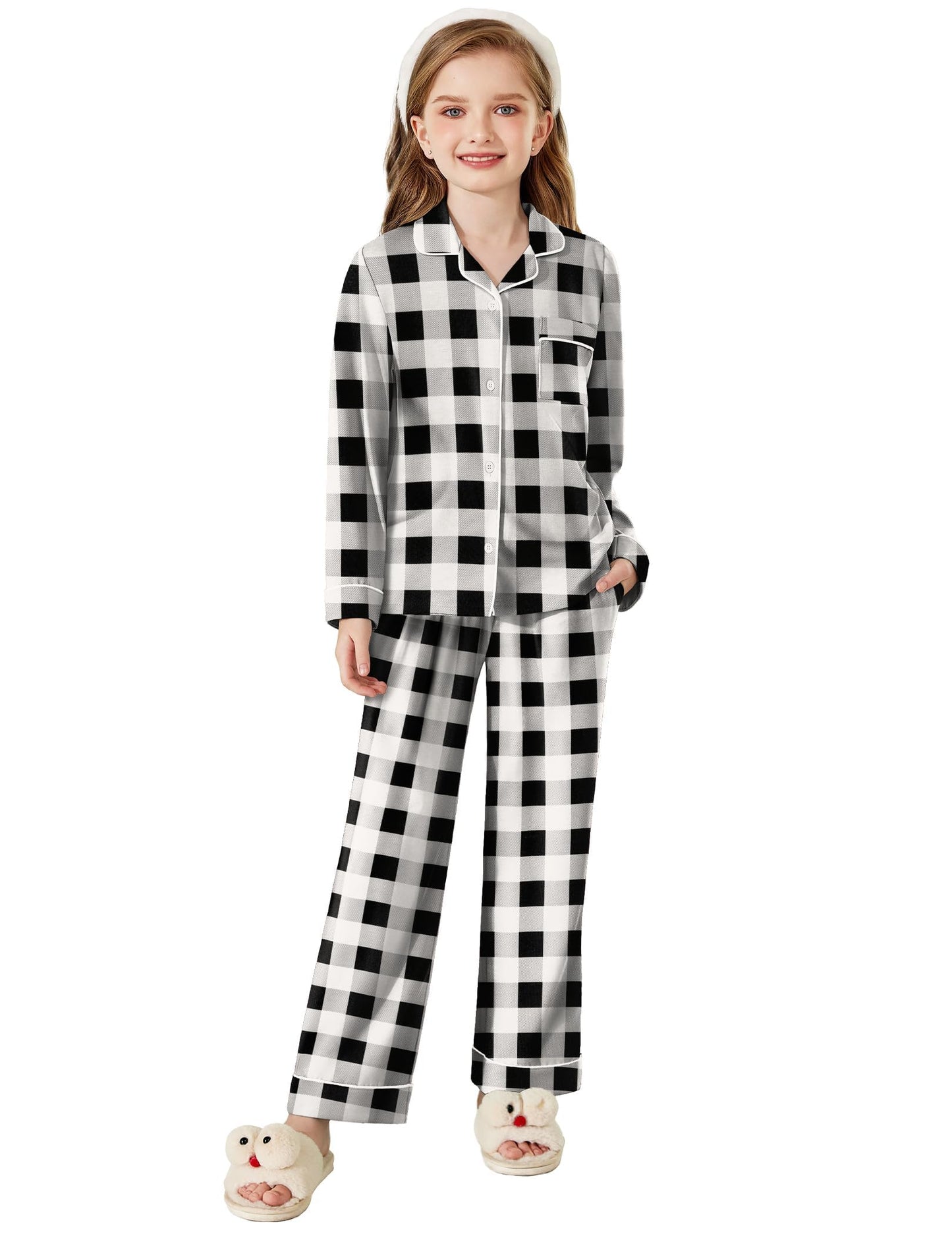 Arshiner Pajamas Set for Girls Plaid Long Sleeve Lounge Set Button Down Pj Sets