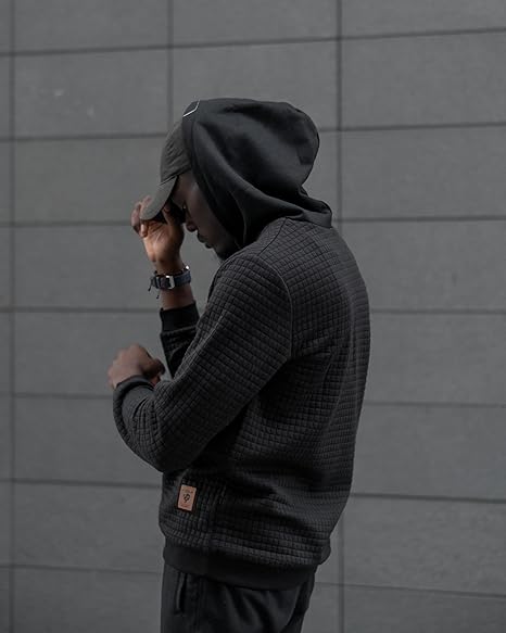 COOFANDY Men's Casual Hoodies Sweatshirt Hipster Gym Long Sleeve Drawstring Plaid Jacquard Pullover Hooded Dark Gray