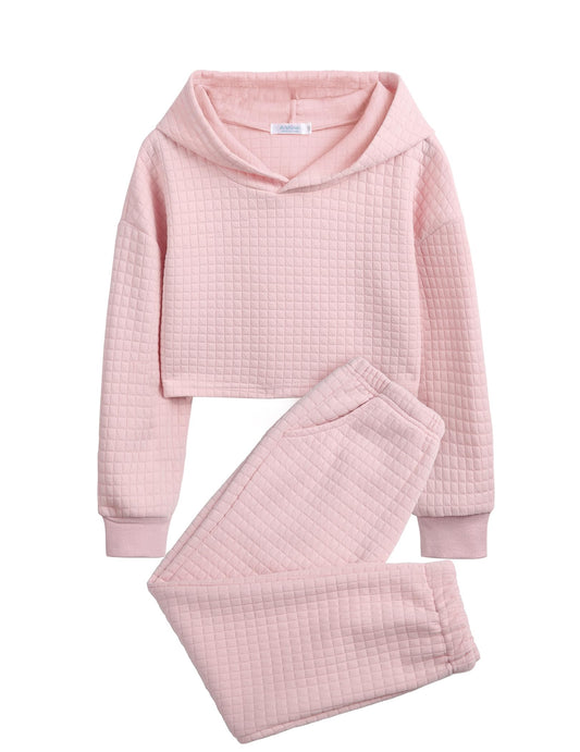 Arshiner Girls 2 Piece Outfit Waffle Knit Pullover Hooded Sweatshirt and Sweatpants Clothing Sets Long Sleeve Tracksuits