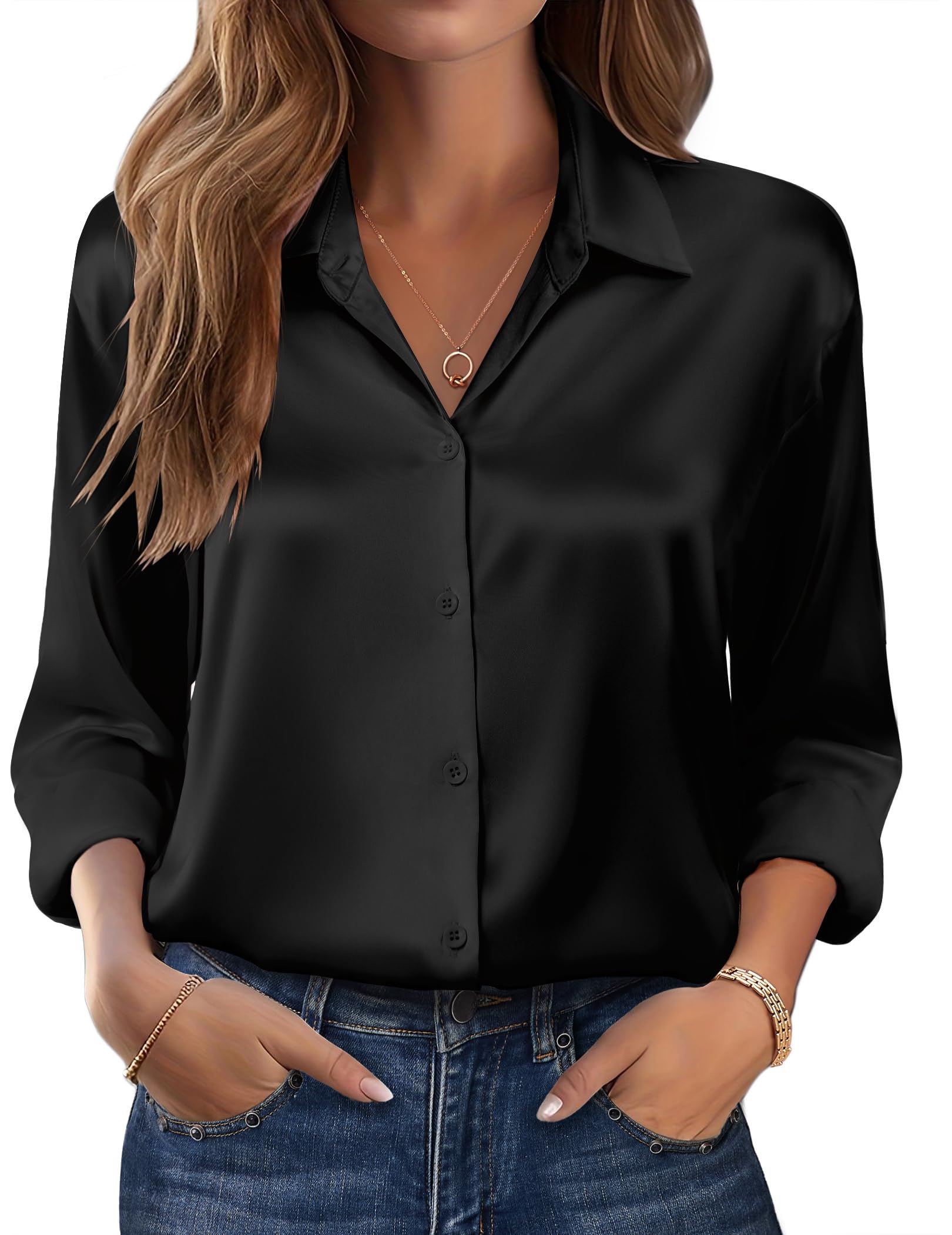 Zeagoo Womens Tops Long Sleeve Satin Silk Button Down Shirts Casual Business Dressy Blouses Fall Clothes