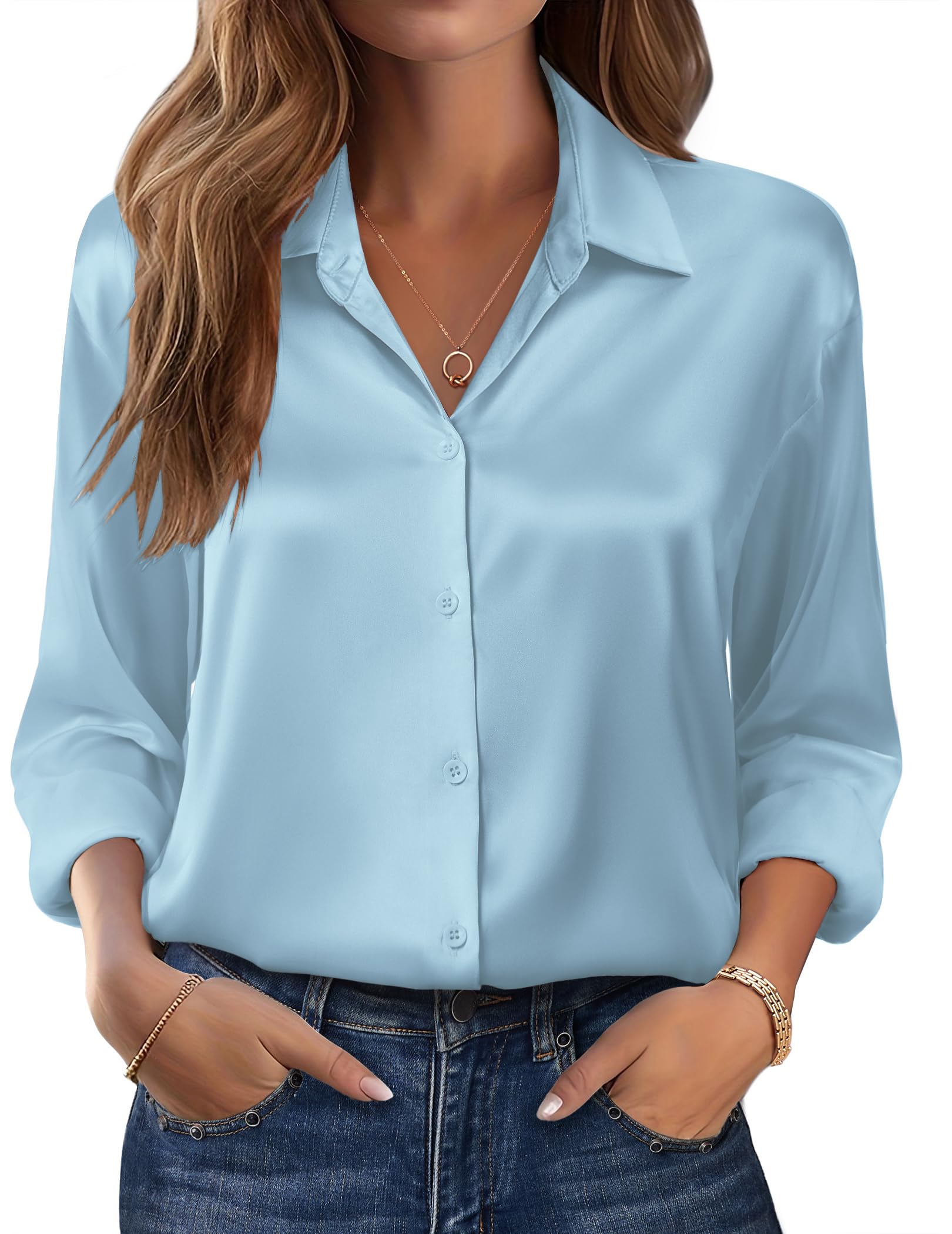 Zeagoo Womens Tops Long Sleeve Satin Silk Button Down Shirts Casual Business Dressy Blouses Fall Clothes