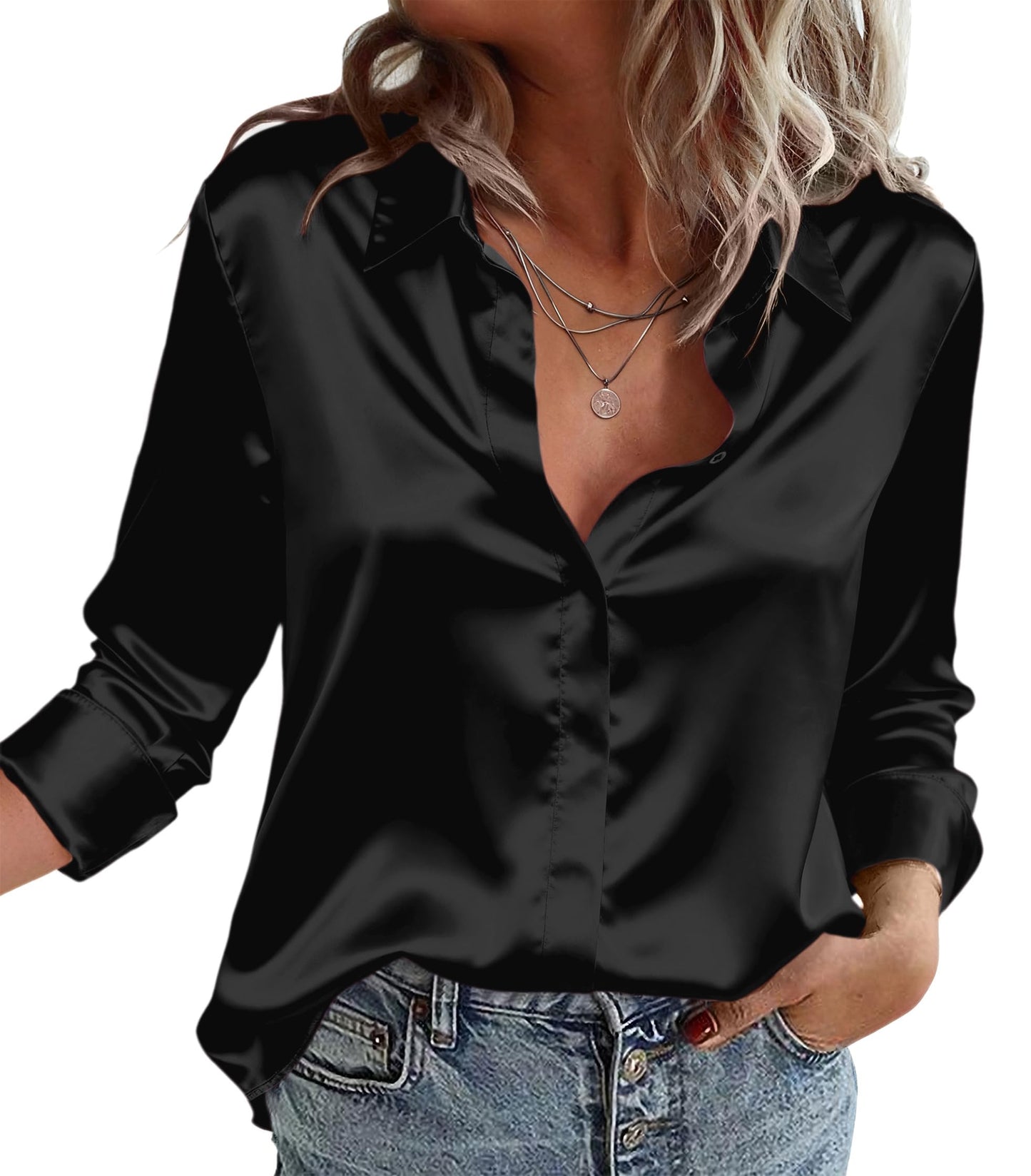 Zeagoo Satin Blouses for Women Casual Long Sleeve Button Down Silk Shirts Dressy Business Work Tunic Top