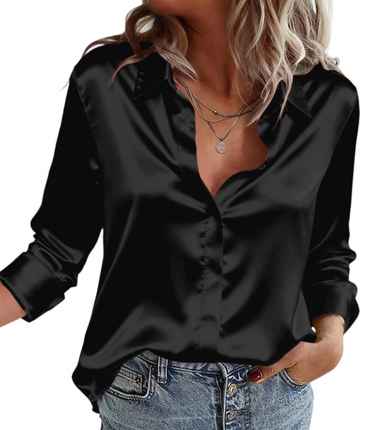 Zeagoo Satin Blouses for Women Casual Long Sleeve Button Down Silk Shirts Dressy Business Work Tunic Top