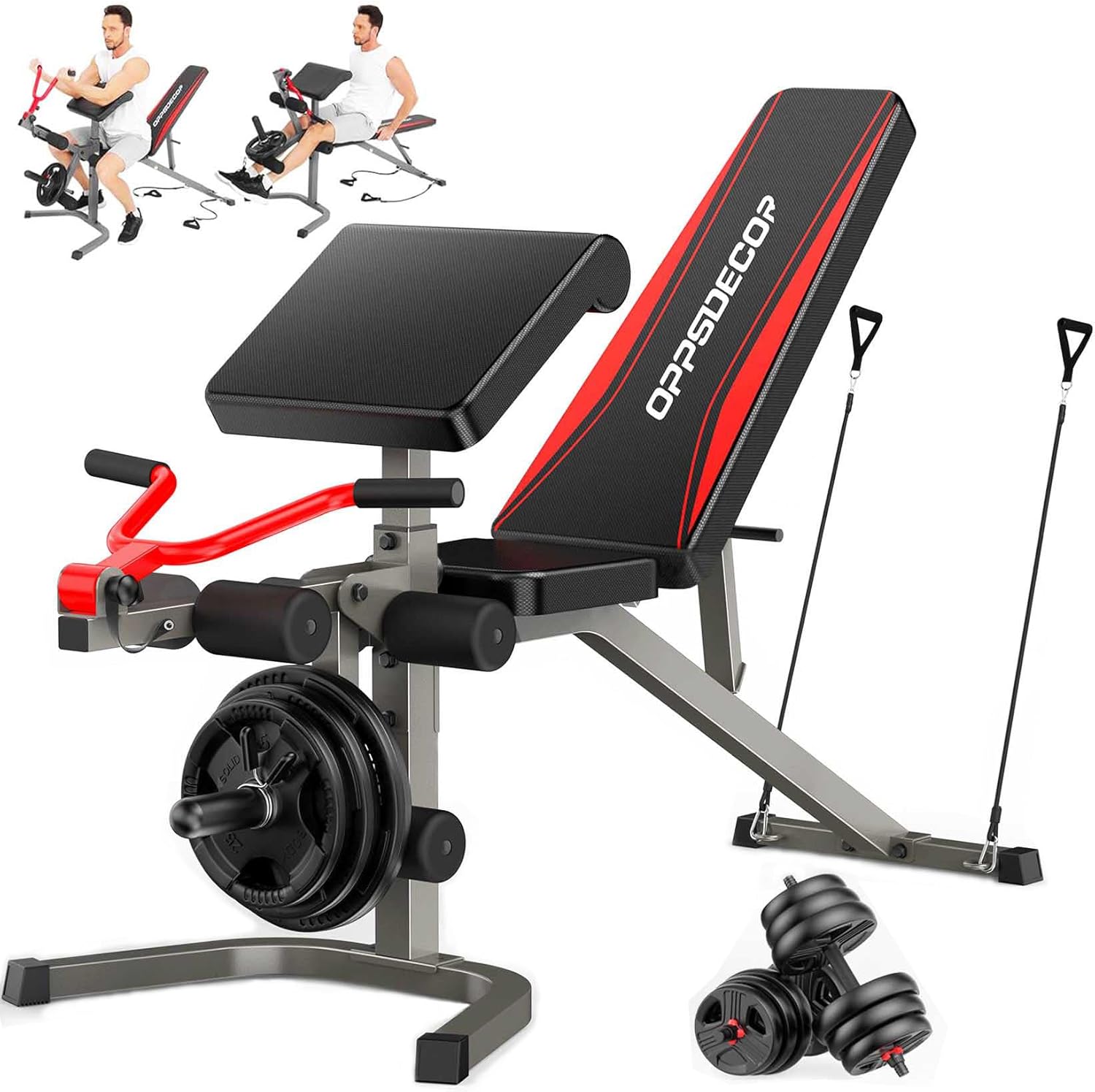 Sports Equipment  Professional Weight Bench with Leg Extension & Leg Curl & Preacher Curl, Heavy-Duty Adjustable Weight Bench Press Set Incline Decline Flat Workout Bench Full Body Strength Training for Home Gym