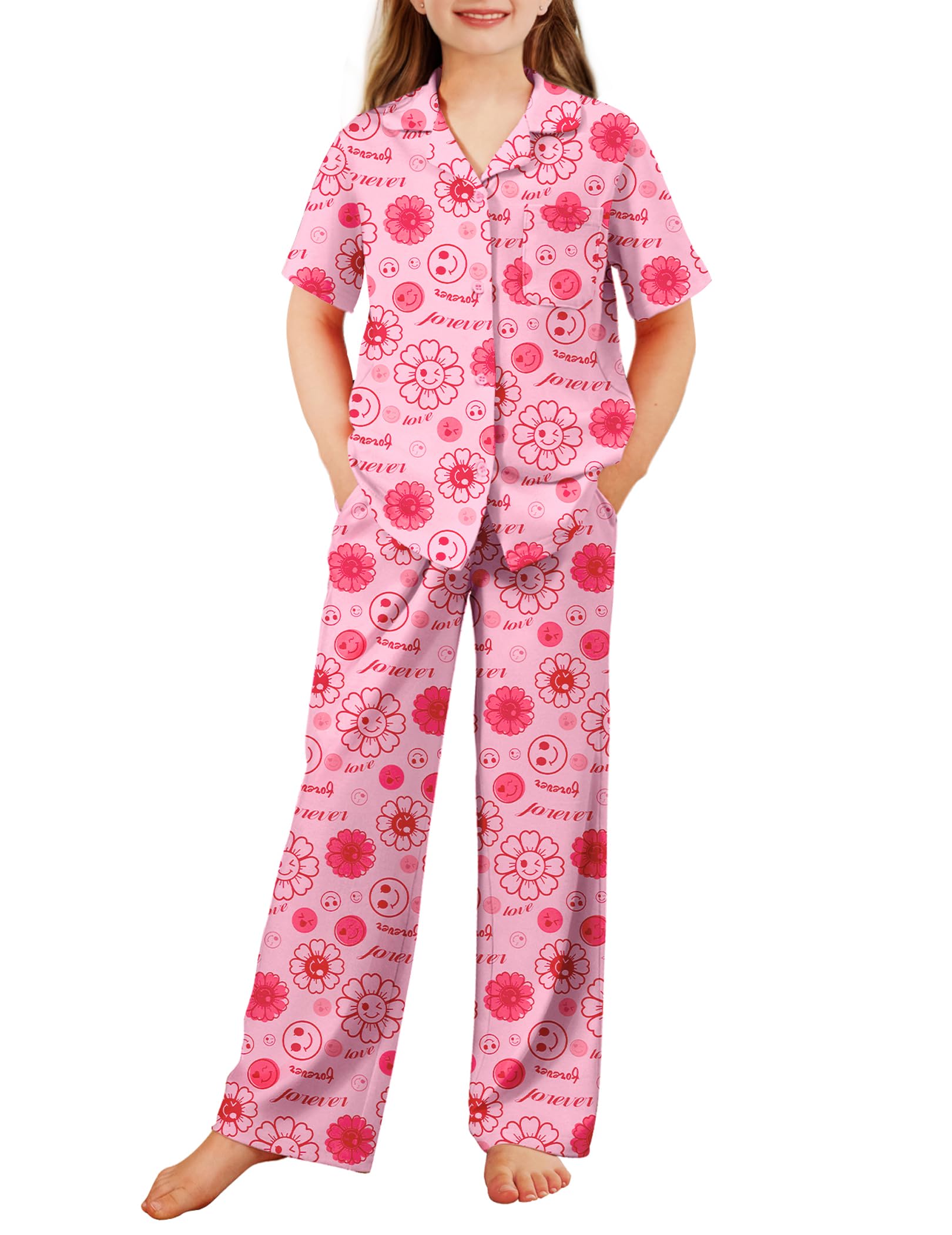 Arshiner Pajamas for Girls Short Sleeve Long Pants Outfit 2 Piece Sleepwear Button Pjs Sets