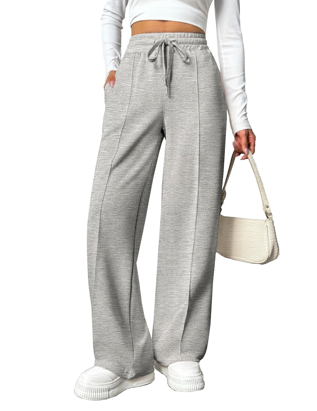 PINSPARK Wide Leg Sweatpants Women High Waisted Baggy Sweat Pants Elastic Elevated Seams Loose Active Pants with Pockets