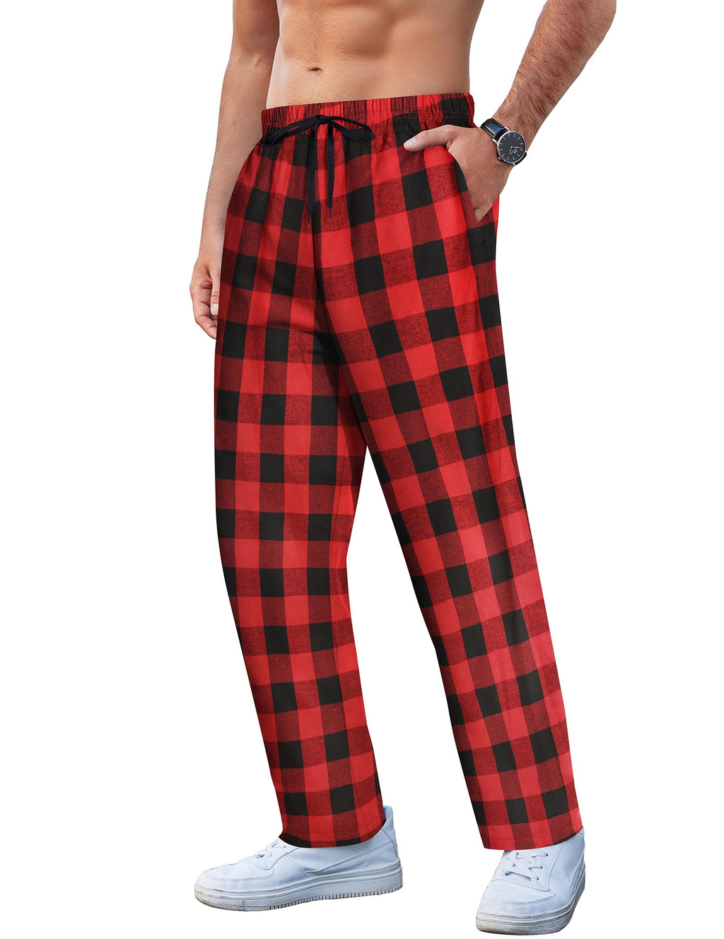 COOFANDY Men's Plaid Casual Pants Drawstring Cotton Lounge Pants Soft Flannel Checkered Pajama Pants