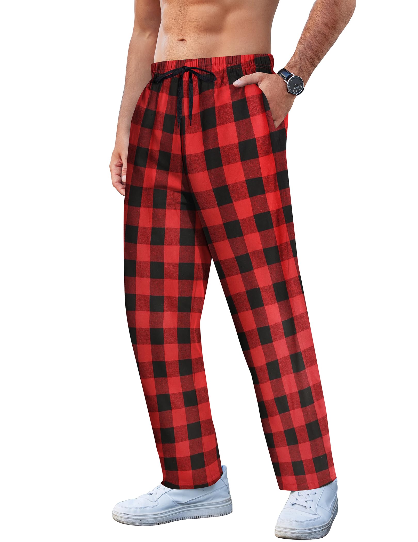 COOFANDY Men's Plaid Casual Pants Drawstring Cotton Lounge Pants Soft Flannel Checkered Pajama Pants