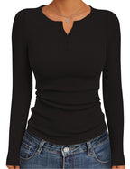 Ekouaer Women's Long Sleeve Henley Shirts Button Ribbed Knit Tops Basic Layering Slim Fit Soft Thermal Underwear Tops