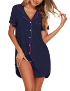 Ekouaer Nightgowns for Women Button Down Sleepshirt Short Sleeve Nightshirt Boyfriend Pajamas V Neck Nightdress S-XXXL