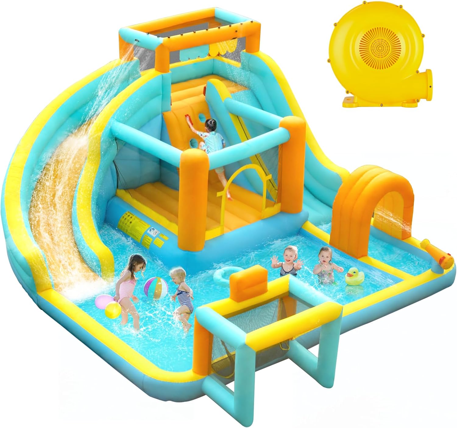 Inflatable Castle - Inflatable Water Slide for Kids,Giant Water Slide Combo w/ 2 Long Slides & Large Climbing Wall & Bounce House & Splash Pool,10-in-1 Outdoor Blow Up Water Park w/Storage Bag & 520W Blower