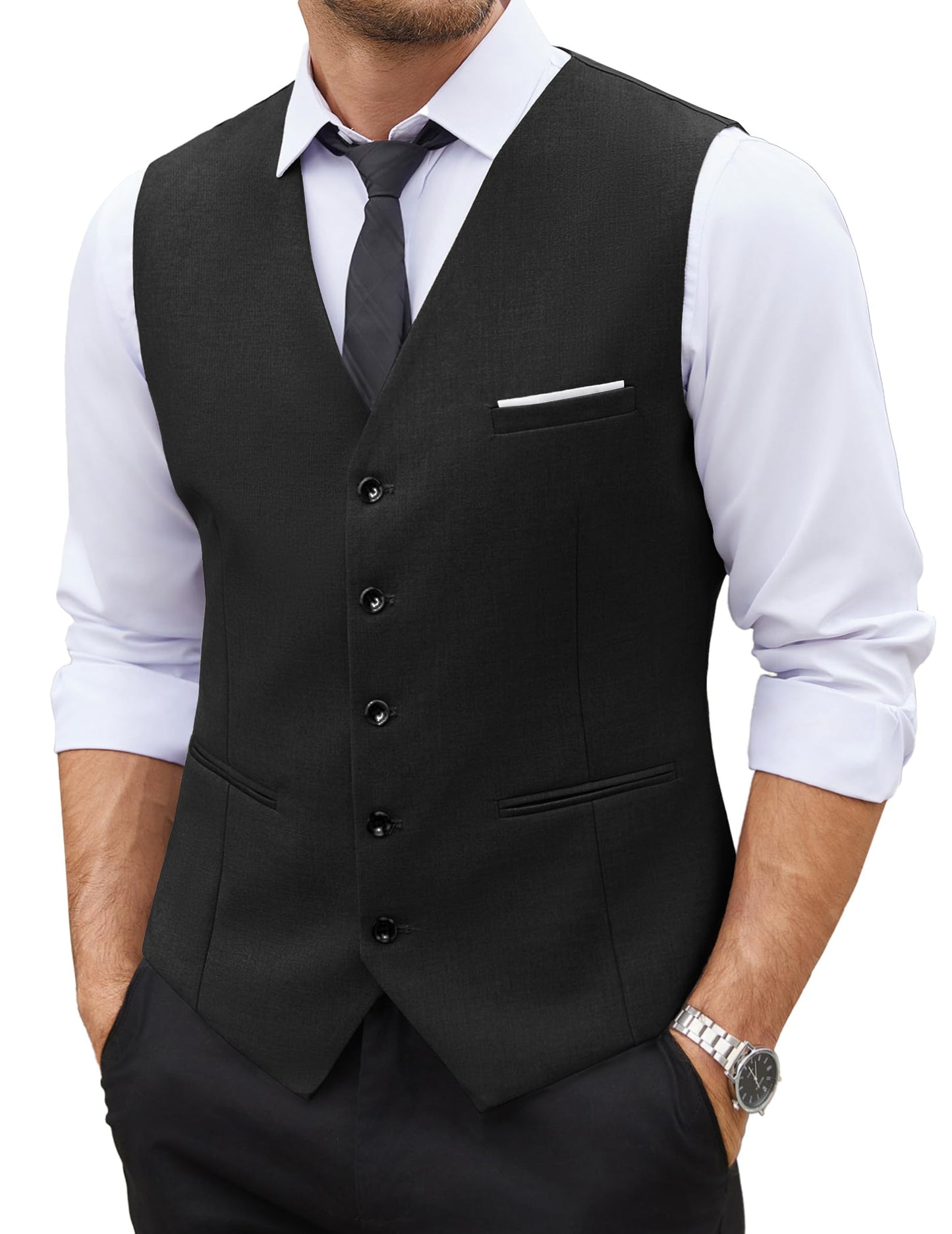 COOFANDY Men's Western Vest Men's Suit Vest V-Neck Sleeveless Vests Slim Fit Suit Business Wedding, black, XL