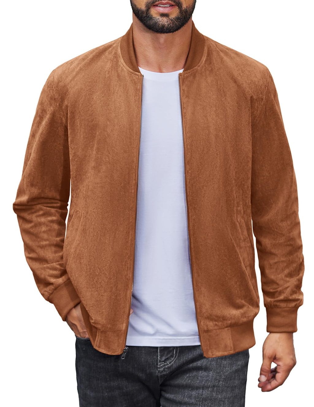 COOFANDY Men's Varsity Baseball Jacket Causal Slim Fit Suede Leather Bomber Jackets