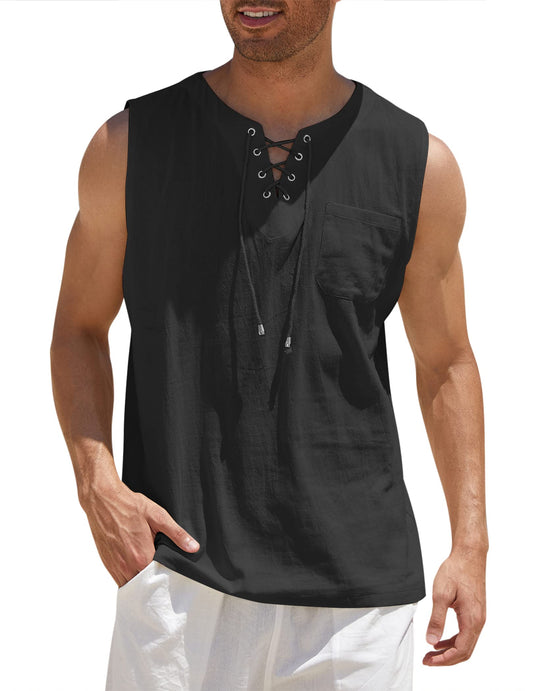 COOFANDY Men's V-Neck Lace up Tank Top Casual Sleeveless Henley Shirt Summer Beach Hippie Shirt Black M