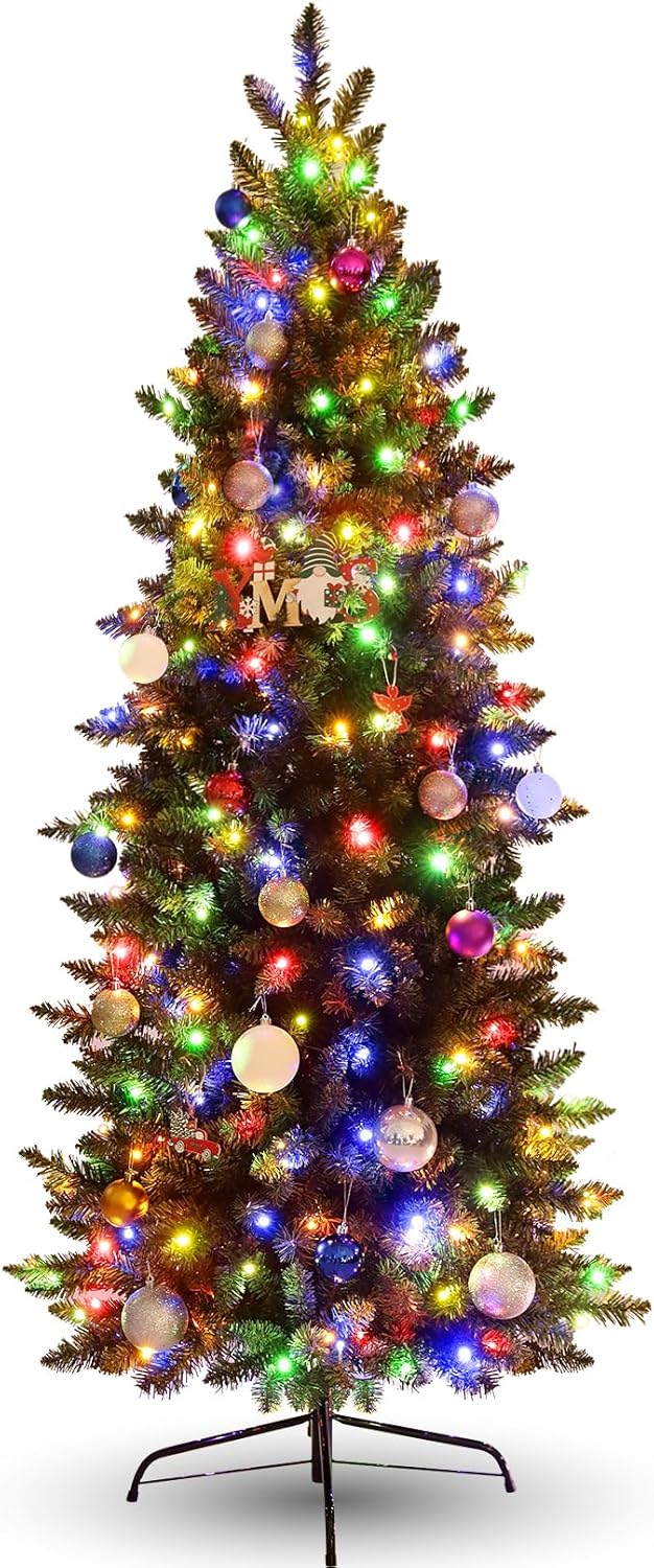 Christmas Tree - 6 ft Pre-Lit Pencil Artificial Christmas Tree with Multicolor LED Lights - Slim Spruce Green Xmas Tress, Easy Assembly, Hinged Branches, and Sturdy Metal Stand