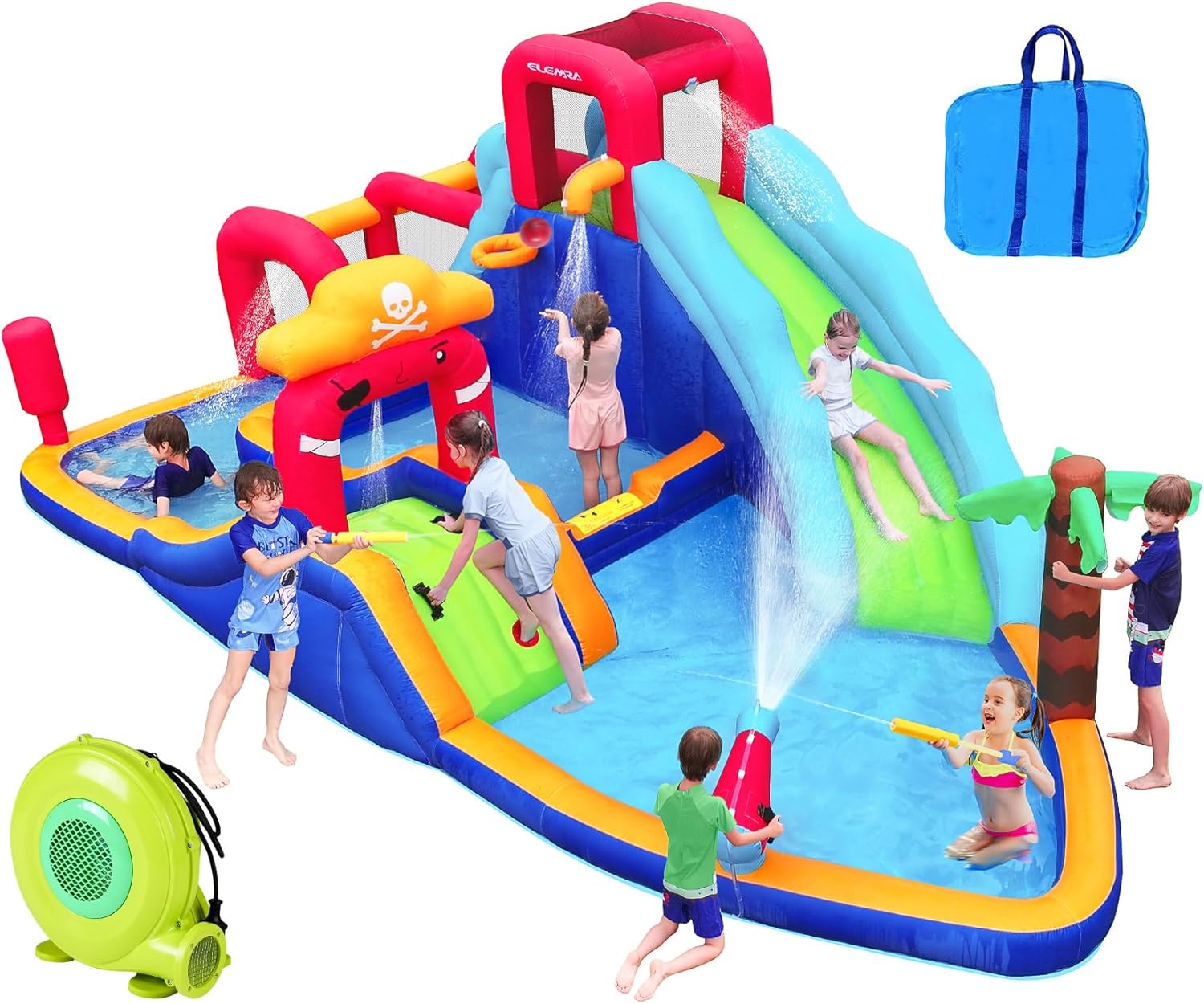 Inflatable Castle - Inflatable Water Slide Bounce House, 10 in 1 Inflatable Water Park with Blower, 2 Slides & 2 Climbing Walls & 2 Water Guns, Deep Pool Giant Splash Pool, Water Slides for Kids Backyard for 6