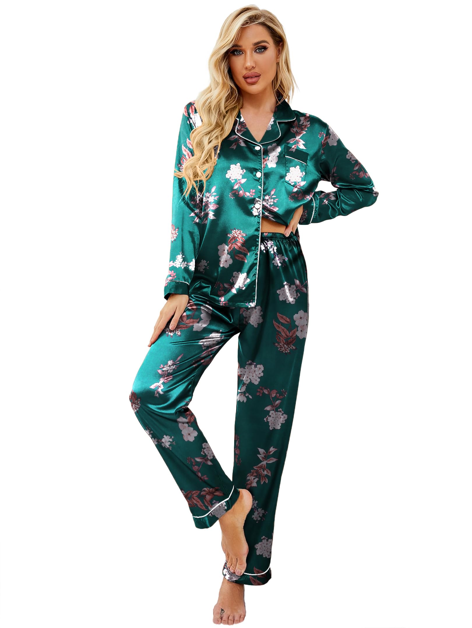 Ekouaer Women's Classic Button Down Long Satin Silk Pajama Set