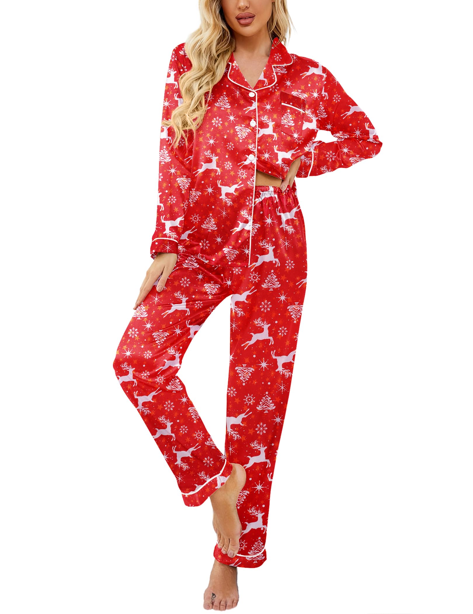 Ekouaer Women's Classic Button Down Long Satin Silk Pajama Set